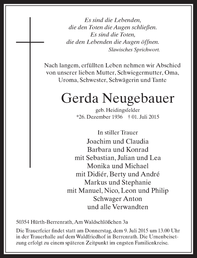  Traueranzeige für Gerda Neugebauer vom 08.07.2015 aus  Wochenende 