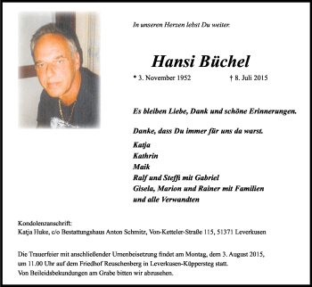 Anzeige von Hansi Büchel von Kölner Stadt-Anzeiger / Kölnische Rundschau / Express