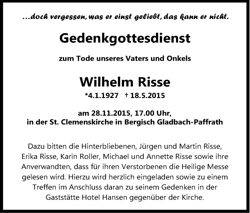  Traueranzeige für Wilhelm Risse vom 14.11.2015 aus Köln - Wir Trauern