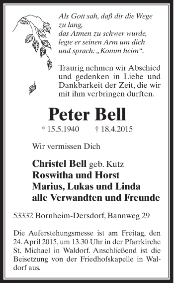 Anzeige von Peter Bell von  Schaufenster/Blickpunkt  Schlossbote/Werbekurier 
