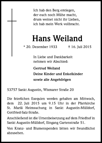 Anzeige von Hans Weiland von Kölner Stadt-Anzeiger / Kölnische Rundschau / Express