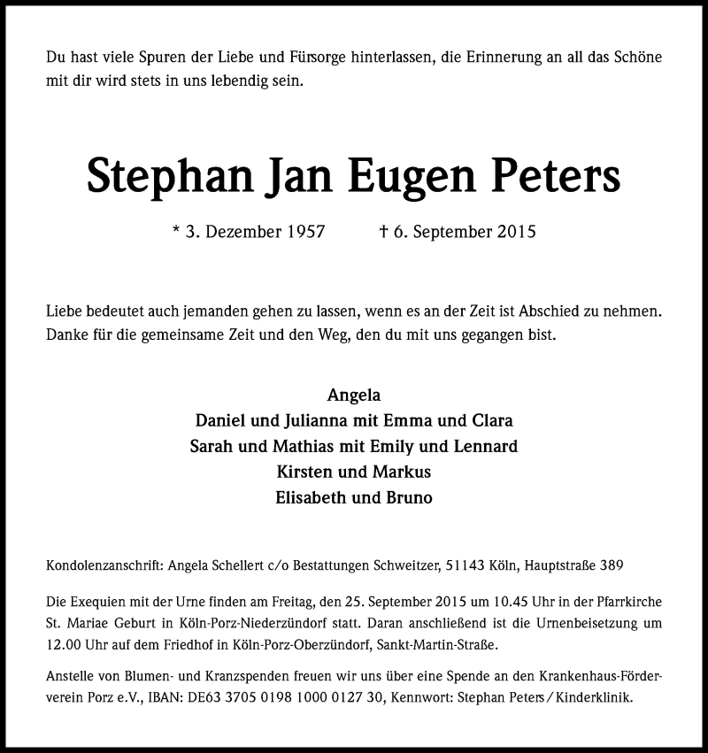  Traueranzeige für Stephan Jan Eugen Peters vom 12.09.2015 aus Kölner Stadt-Anzeiger / Kölnische Rundschau / Express
