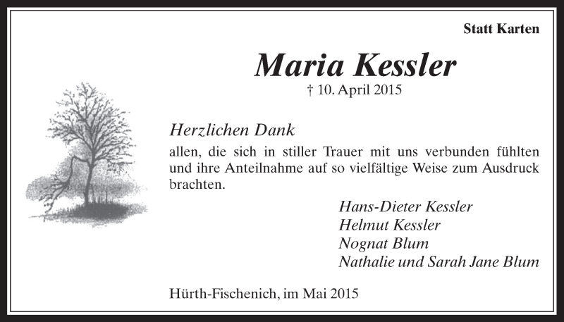  Traueranzeige für Maria Kessler vom 13.05.2015 aus  Wochenende 