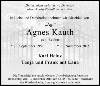 Anzeige von Agnes Kauth von Kölner Stadt-Anzeiger / Kölnische Rundschau / Express