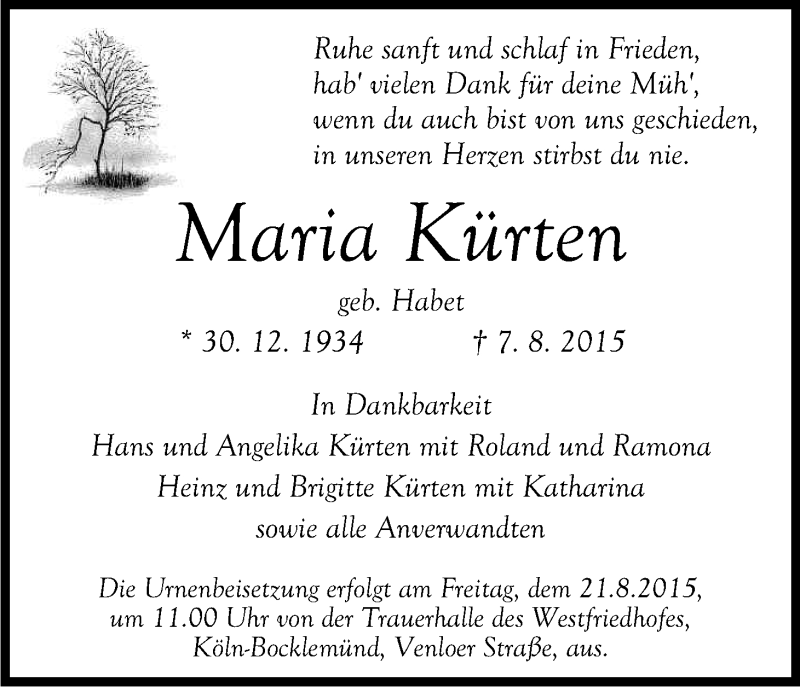  Traueranzeige für Maria Kürten vom 17.08.2015 aus Kölner Stadt-Anzeiger / Kölnische Rundschau / Express