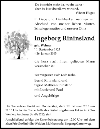 Anzeige von Ingeborg Rininsland von Kölner Stadt-Anzeiger / Kölnische Rundschau / Express