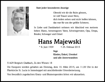 Anzeige von Hans Majewski von Kölner Stadt-Anzeiger / Kölnische Rundschau / Express