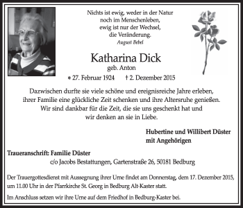 Anzeige von Katharina Dick von  Sonntags-Post 