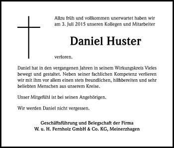 Anzeige von Daniel Huster von Kölner Stadt-Anzeiger / Kölnische Rundschau / Express