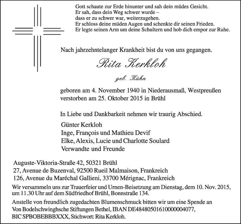  Traueranzeige für Rita Kerkloh vom 04.11.2015 aus  Schlossbote/Werbekurier 