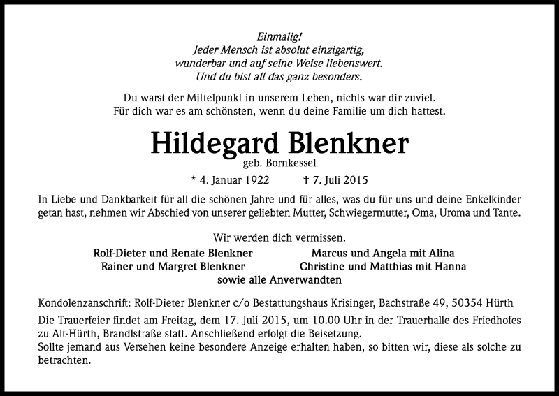 Traueranzeige für Hildegard Blenkner vom 11.07.2015 aus Kölner Stadt-Anzeiger / Kölnische Rundschau / Express