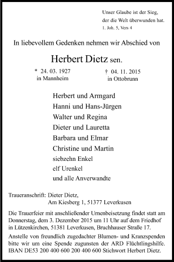 Anzeige von Herbert Dietz von Kölner Stadt-Anzeiger / Kölnische Rundschau / Express