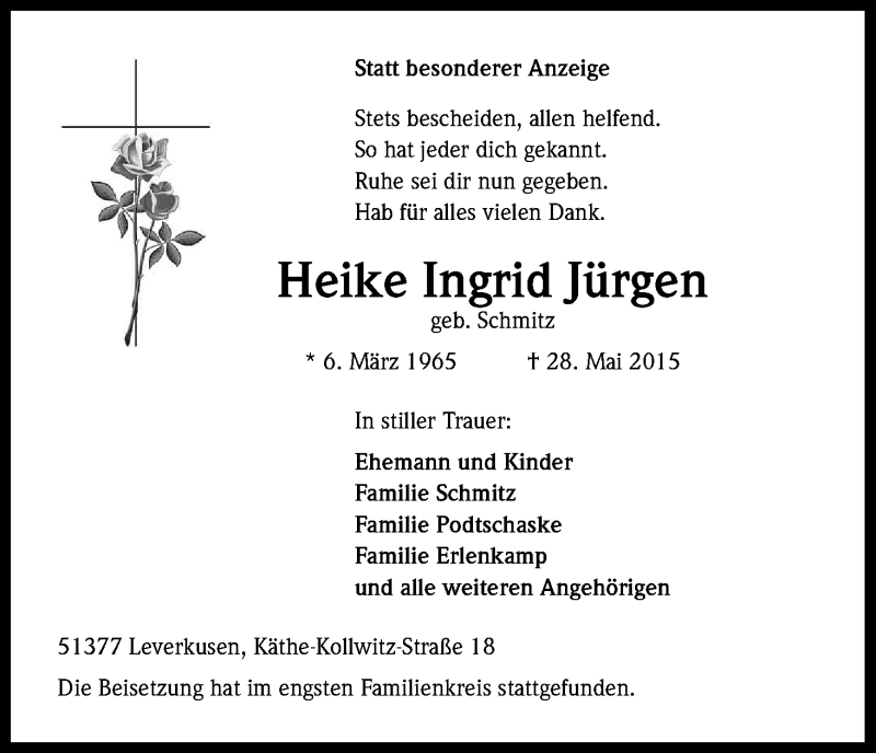  Traueranzeige für Heike Ingrid Jürgen vom 13.06.2015 aus Kölner Stadt-Anzeiger / Kölnische Rundschau / Express