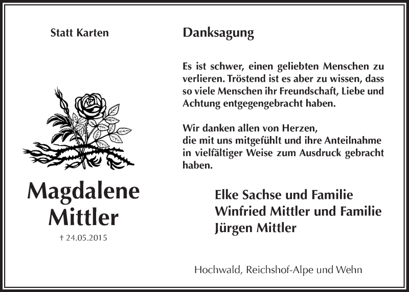  Traueranzeige für Magdalene Mittler vom 08.07.2015 aus  Lokalanzeiger 
