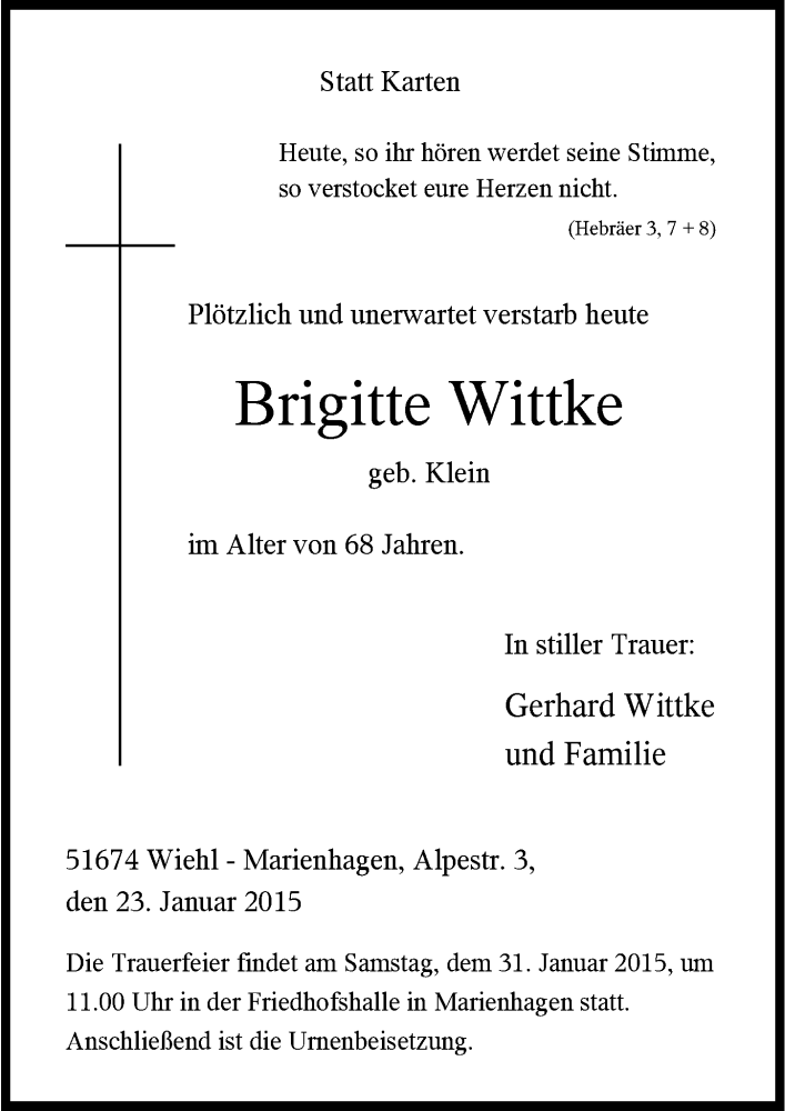  Traueranzeige für Brigitte Wittke vom 28.01.2015 aus  Anzeigen Echo 