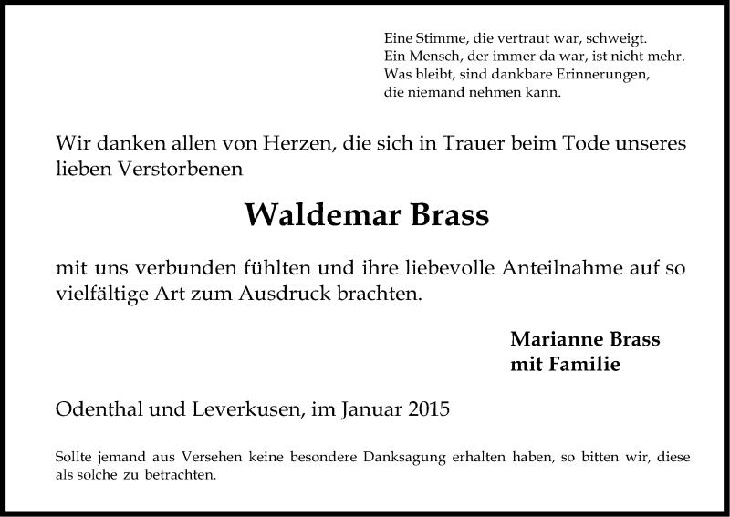  Traueranzeige für Waldemar Brass vom 16.01.2015 aus Kölner Stadt-Anzeiger / Kölnische Rundschau / Express