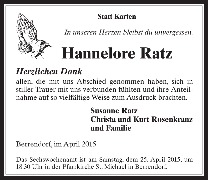 Traueranzeige für Hannelore Ratz vom 15.04.2015 aus  Werbepost 