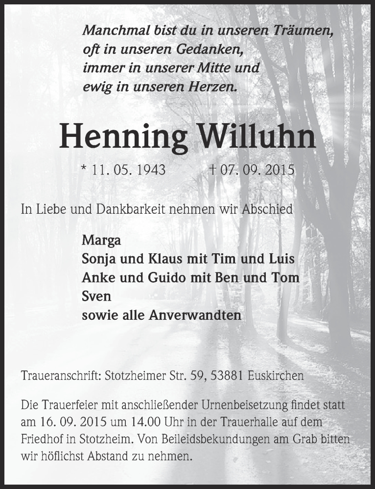  Traueranzeige für Henning Willuhn vom 13.09.2015 aus  Blickpunkt Euskirchen 