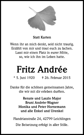 Anzeige von Fritz Andrée von Kölner Stadt-Anzeiger / Kölnische Rundschau / Express