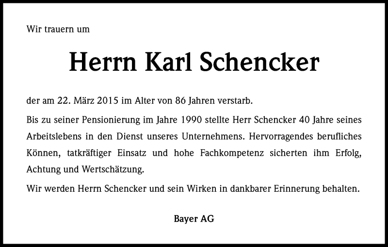 Traueranzeige für Karl Schencker vom 08.04.2015 aus Kölner Stadt-Anzeiger / Kölnische Rundschau / Express