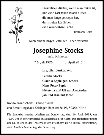 Anzeige von Josephine Stocks von Kölner Stadt-Anzeiger / Kölnische Rundschau / Express