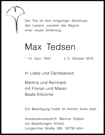 Anzeige von Max Tedsen von Kölner Stadt-Anzeiger / Kölnische Rundschau / Express