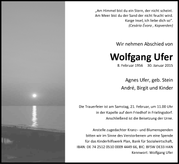 Anzeige von Wolfgang Ufer von Kölner Stadt-Anzeiger / Kölnische Rundschau / Express
