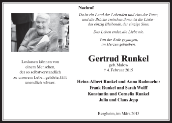 Anzeige von Gertrud Runkel von  Werbepost 