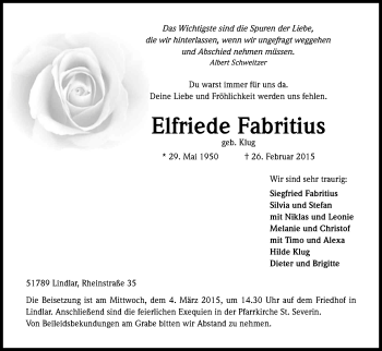 Anzeige von Elfriede Fabritius von Kölner Stadt-Anzeiger / Kölnische Rundschau / Express