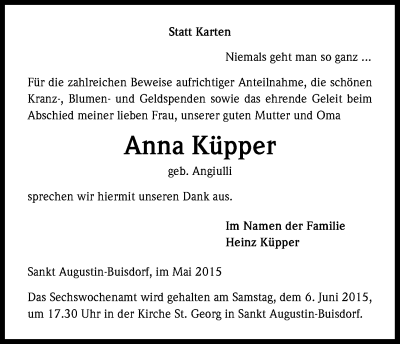  Traueranzeige für Anna Küpper vom 27.05.2015 aus Kölner Stadt-Anzeiger / Kölnische Rundschau / Express