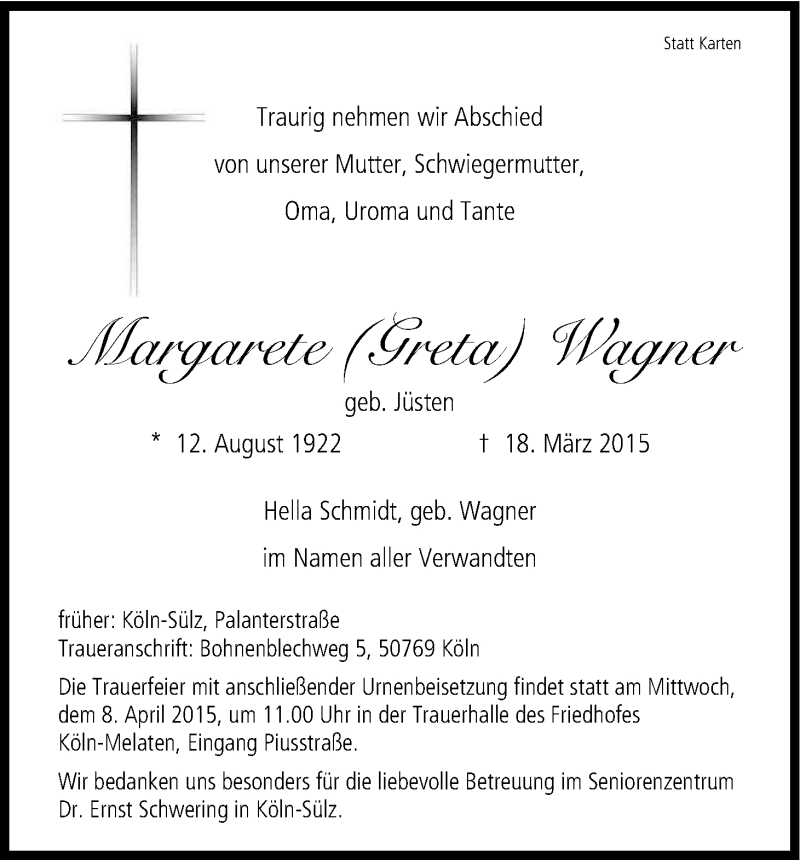  Traueranzeige für Margarete Wagner vom 04.04.2015 aus Kölner Stadt-Anzeiger / Kölnische Rundschau / Express