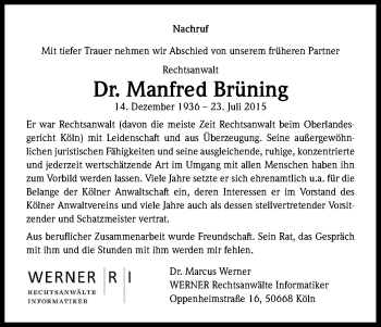 Anzeige von Manfred  Brüning von Kölner Stadt-Anzeiger / Kölnische Rundschau / Express
