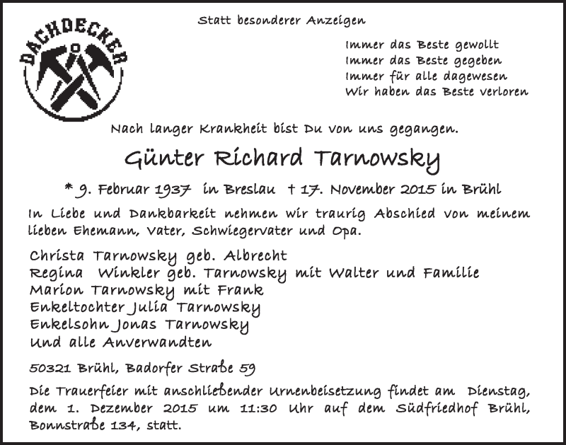  Traueranzeige für Günter Richard Tarnowsky vom 25.11.2015 aus  Schlossbote/Werbekurier 