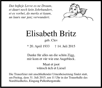 Anzeige von Elisabeth Britz von Kölner Stadt-Anzeiger / Kölnische Rundschau / Express
