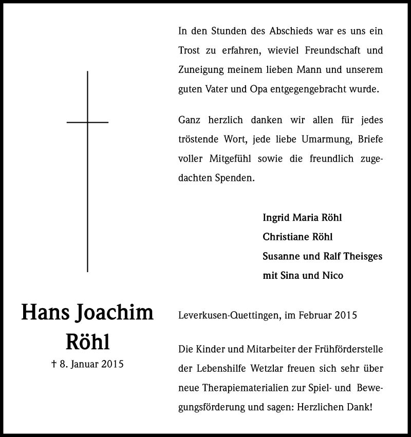  Traueranzeige für Hans Joachim Röhl vom 07.02.2015 aus Kölner Stadt-Anzeiger / Kölnische Rundschau / Express