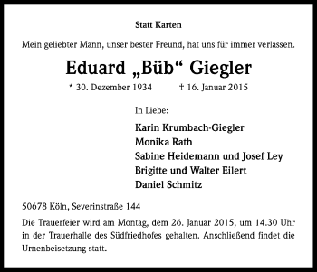 Anzeige von Eduard  Giegler von Kölner Stadt-Anzeiger / Kölnische Rundschau / Express