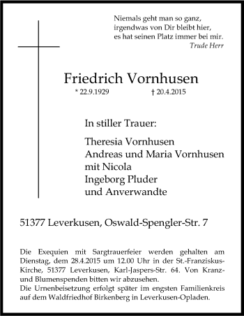 Anzeige von Friedrich Vornhusen von Kölner Stadt-Anzeiger / Kölnische Rundschau / Express