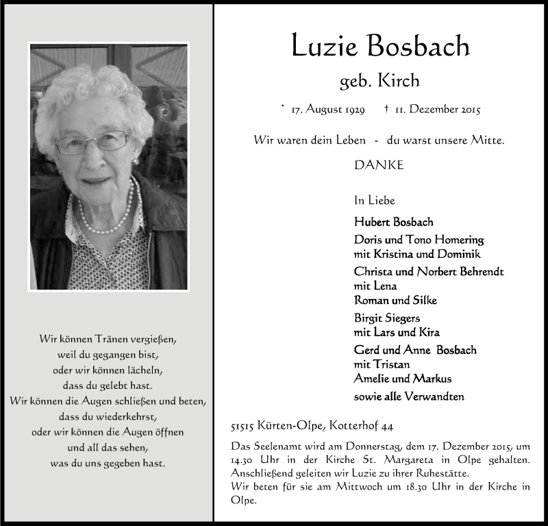  Traueranzeige für Luzie Bosbach vom 15.12.2015 aus Kölner Stadt-Anzeiger / Kölnische Rundschau / Express