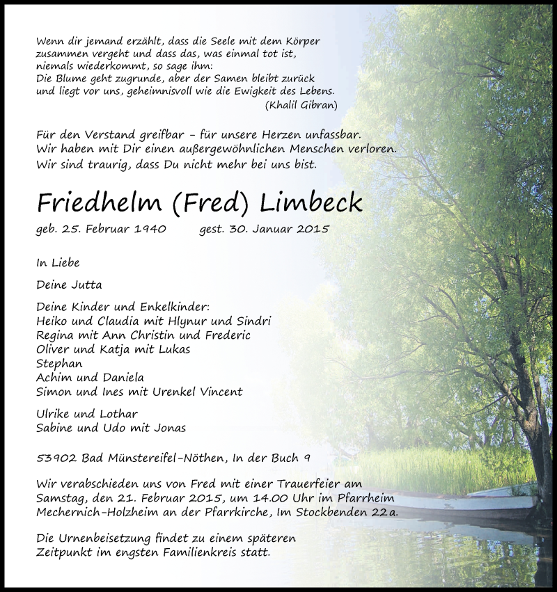  Traueranzeige für Friedhelm Limbeck vom 07.02.2015 aus Kölner Stadt-Anzeiger / Kölnische Rundschau / Express