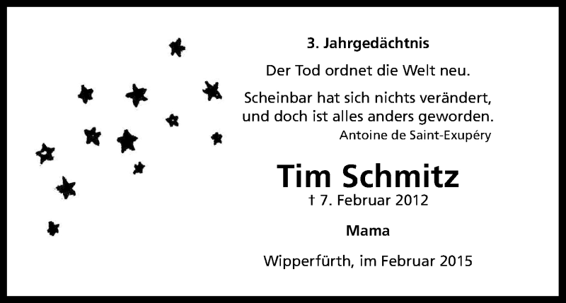 Traueranzeige für Tim Schmitz vom 07.02.2015 aus Kölner Stadt-Anzeiger / Kölnische Rundschau / Express