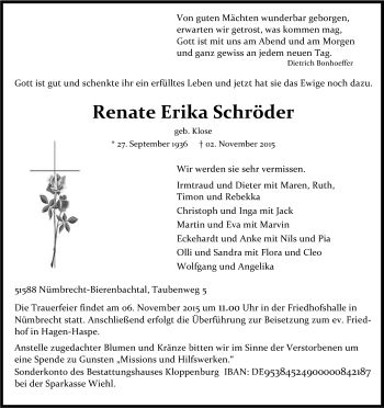 Anzeige von Renate Erika Schröder von Kölner Stadt-Anzeiger / Kölnische Rundschau / Express