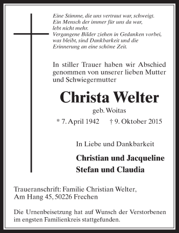 Anzeige von Christa Welter von  Wochenende 