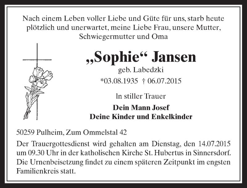  Traueranzeige für Sophie Jansen vom 11.07.2015 aus  Sonntags-Post 