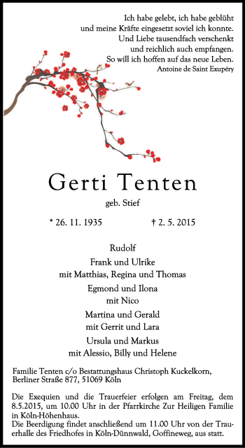 Anzeige von Gerti Tenten von Kölner Stadt-Anzeiger / Kölnische Rundschau / Express