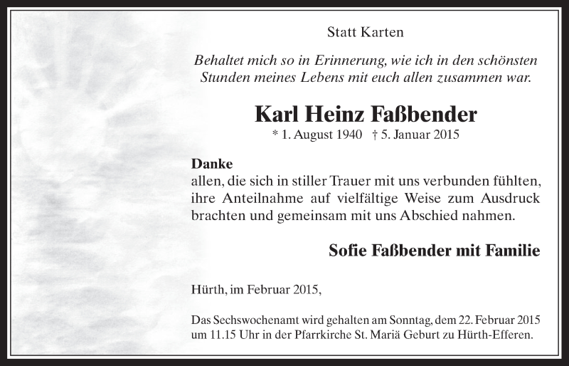  Traueranzeige für Karl Heinz Faßbender vom 11.02.2015 aus  Wochenende 