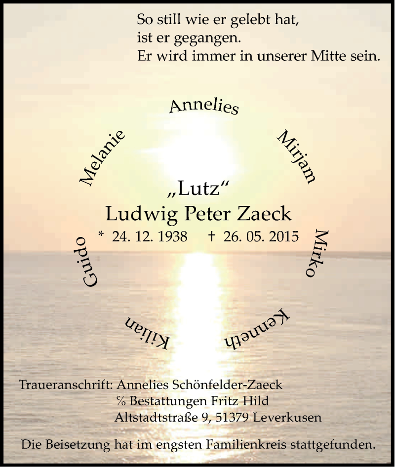  Traueranzeige für Ludwig Peter Zaeck vom 10.06.2015 aus Kölner Stadt-Anzeiger / Kölnische Rundschau / Express