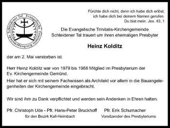 Anzeige von Heinz Kolditz von Kölner Stadt-Anzeiger / Kölnische Rundschau / Express