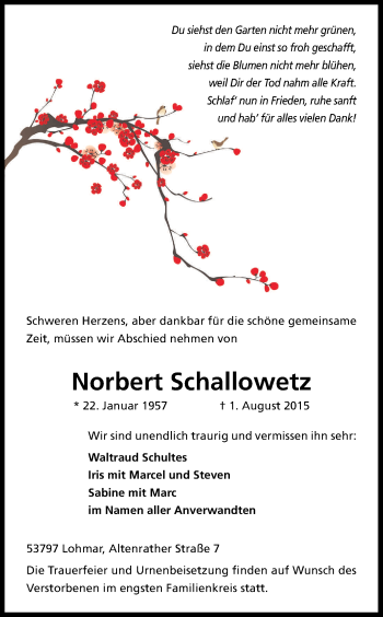 Anzeige von Norbert Schallowetz von Kölner Stadt-Anzeiger / Kölnische Rundschau / Express