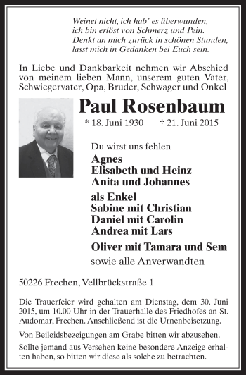 Anzeige von Paul Rosenbaum von  Wochenende 