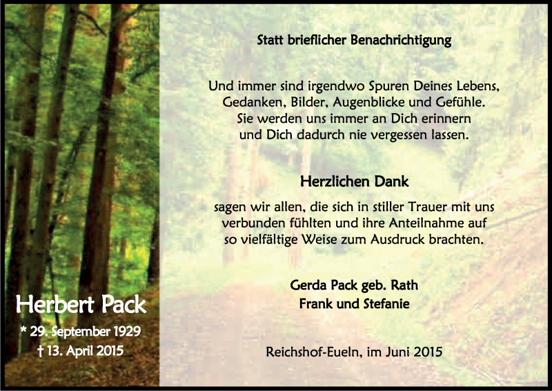  Traueranzeige für Herbert Pack vom 13.06.2015 aus Kölner Stadt-Anzeiger / Kölnische Rundschau / Express
